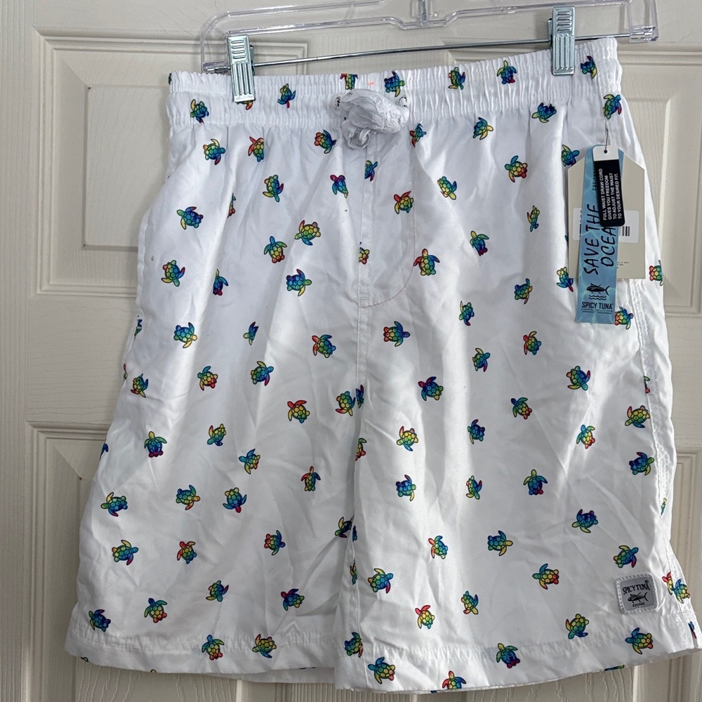 White Men's Swim Shorts with Multicolor Turtle Print